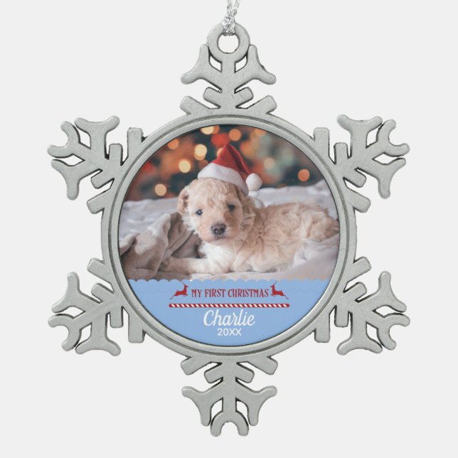 Mein erstes Puppy-Custom-Foto zu Weihnachten Schneeflocken Zinn-Ornament (Vorderseite)