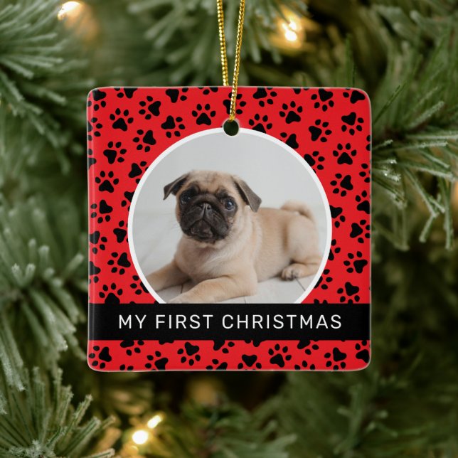 Mein erstes Red Custom Puppy Foto zu Weihnachten Keramikornament (Baum)