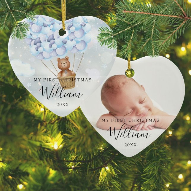 Mein erstes Teddy Bär Blue Balloons Foto Keramik Ornament (My First Christmas Teddy Bear Blue Balloons Photo Ceramic Ornament)