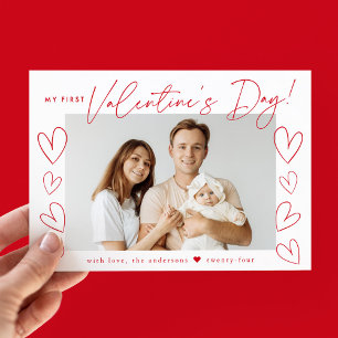 Mein erstes Valentinstag Rotes Skript-Foto Feiertagskarte