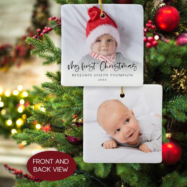 Mein erstes Weihnachten 2 Fotos Script Baby Keramikornament (front and back view)