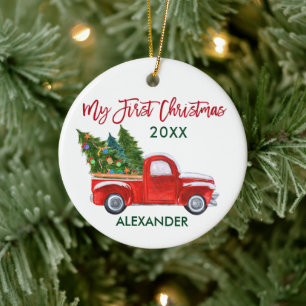 Mein erstes Weihnachten Grün Rot Vintage LKW Baby Keramik Ornament