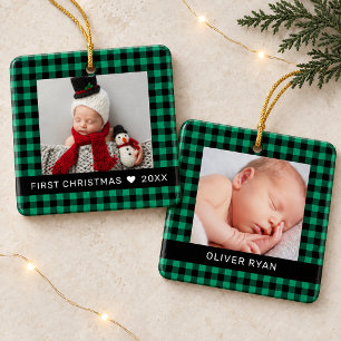 Mein erstes Weihnachten Grünes Büffel-Karo-Babysfo Keramikornament