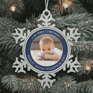 Mein erstes Weihnachten Moderne Baby-Fotos in Navy Schneeflocken Zinn-Ornament