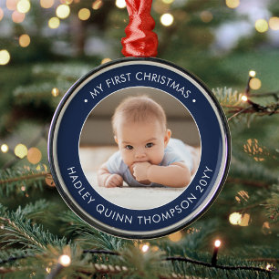 Mein erstes Weihnachten modernes Baby-Foto Navy & Ornament Aus Metall