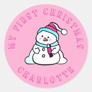 Mein erstes Weihnachten Snowman Custom Pink Runder Aufkleber