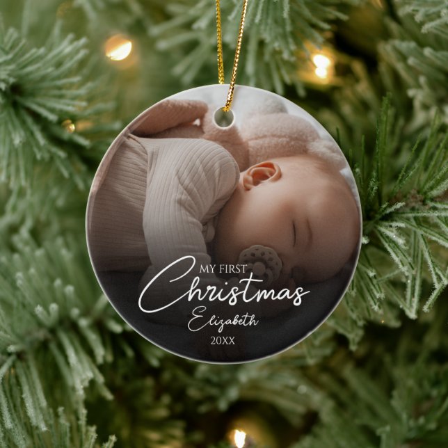 Mein erstes Weihnachts-Baby-Foto - Elegantes Skrip Keramik Ornament (Baum)