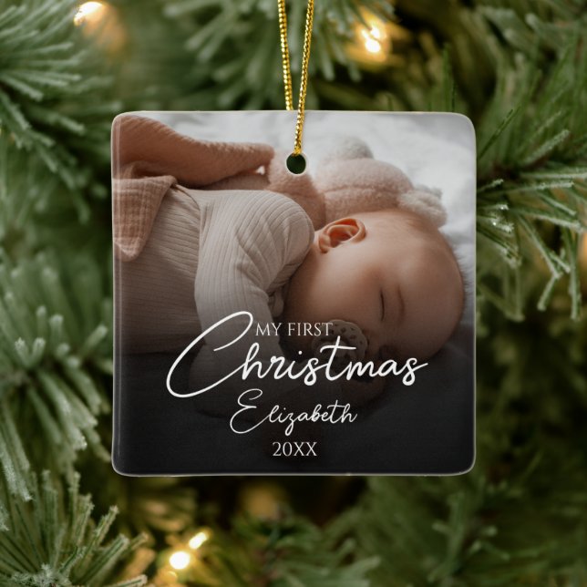 Mein erstes Weihnachts-Baby-Foto - Elegantes Skrip Keramikornament (Baum)