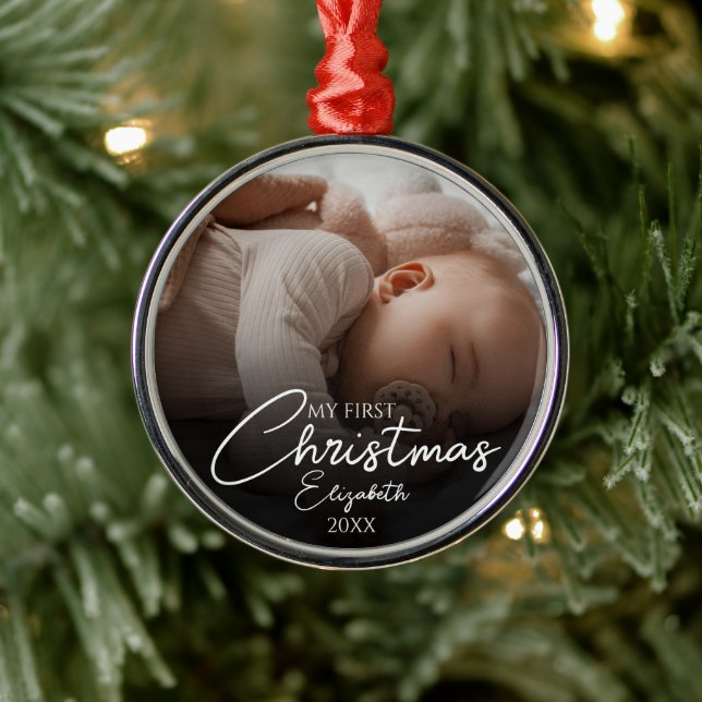 Mein erstes Weihnachts-Baby-Foto - Elegantes Skrip Ornament Aus Metall (Baum)
