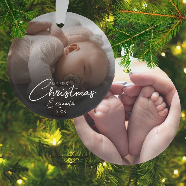Mein erstes Weihnachts-Baby-Foto Elegantes Skript Ornament (My First Christmas Baby Photos Elegant Script Ornament)