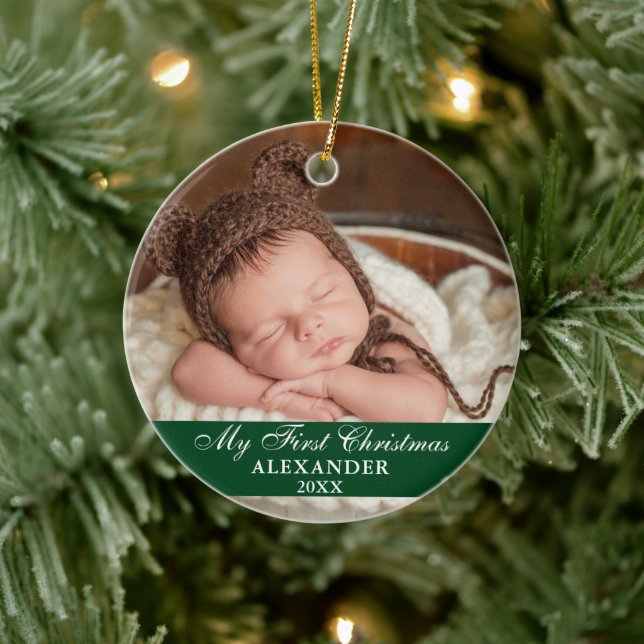 Mein erstes Weihnachts-Baby-Foto Green Keramik Ornament (Baum)