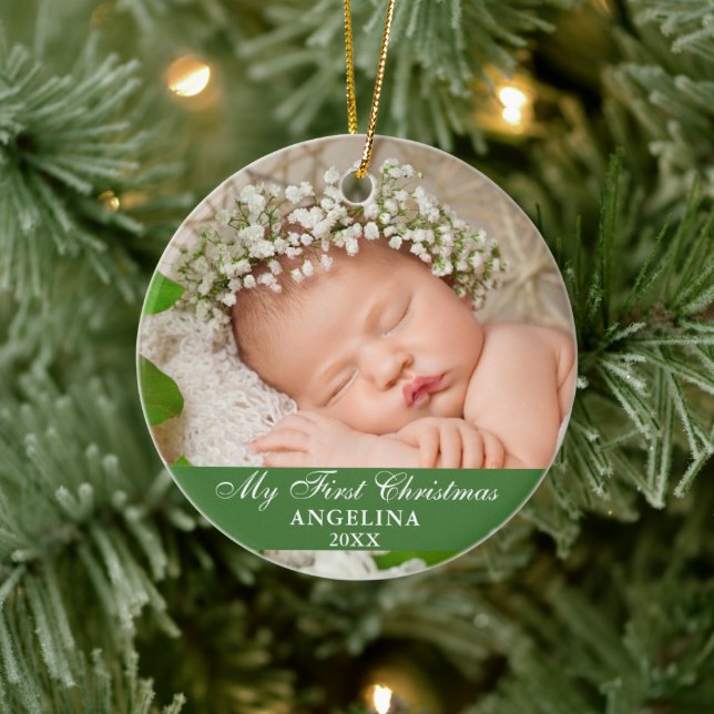 Mein erstes Weihnachts-Baby-Foto Light Green Keramik Ornament (Baum)