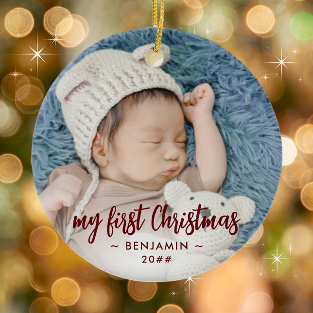 Mein erstes Weihnachts-Baby-Foto mit Name und Jahr Keramik Ornament (Add your photo, name and year. Adjust photo as necessary. )