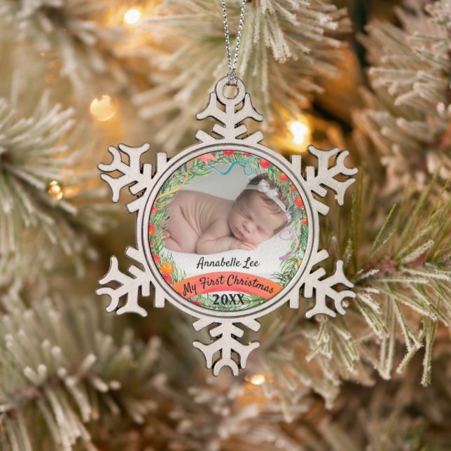 Mein erstes Weihnachts-Baby-Foto Schneeflocken Zinn-Ornament (Baum)