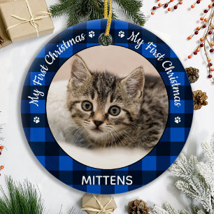 Mein erstes Weihnachts Blue Kariert Chat Kitten Pe Keramik Ornament