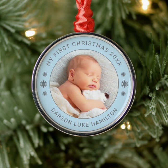 Mein erstes Weihnachts-Blue-Personalisiert-Baby-Fo Ornament Aus Metall (Baum)