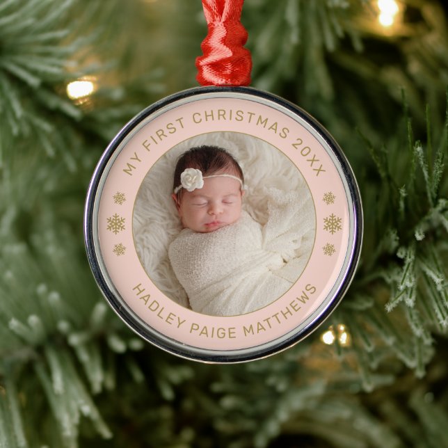 Mein erstes Weihnachts-Blush Gold Custom Baby Foto Ornament Aus Metall (Baum)