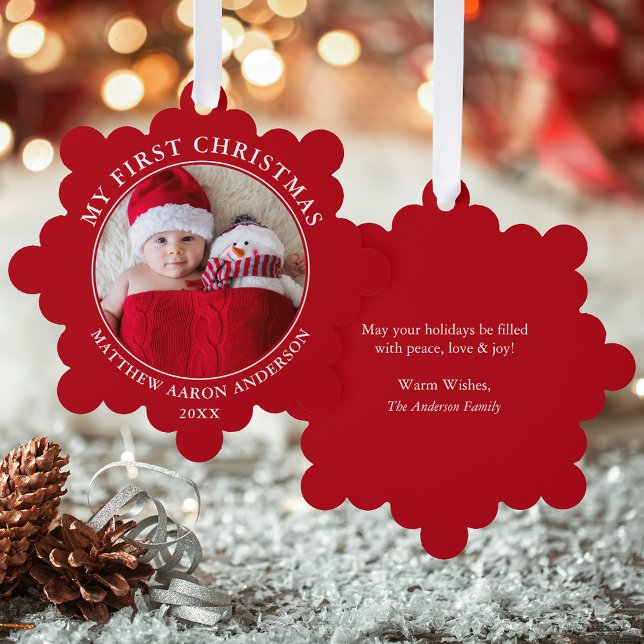 Mein erstes Weihnachts-Foto Red Ornament Karte (A greeting card that is also an ornament! Customize with your photo and personalized text.)
