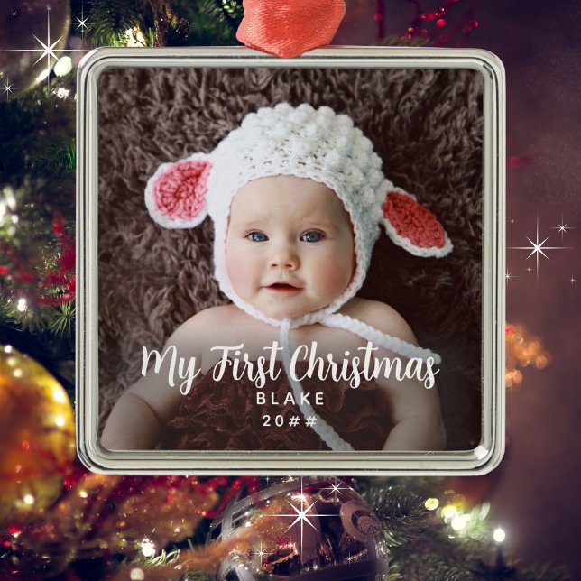 Mein erstes Weihnachts-Kinder Foto Name Jahr Ornament Aus Metall (Personalize with a photo, child's name and year.)