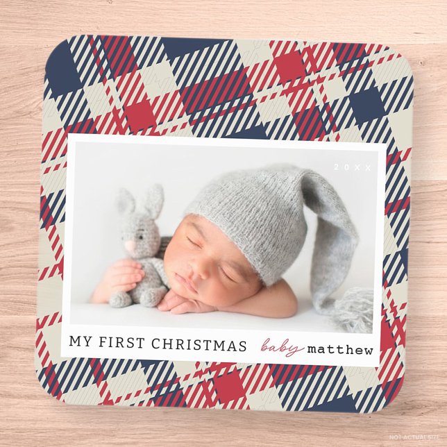 Mein erstes Weihnachts-Modern-Kariert-Baby-Foto Quadratischer Aufkleber (Von Creator hochgeladen)
