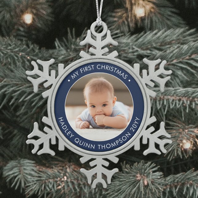 Mein erstes Weihnachts-Modernes Baby-Foto Navy & W Schneeflocken Zinn-Ornament (Von Creator hochgeladen)