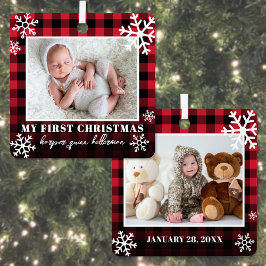 Mein erstes Weihnachts-Red-Kariert-Baby-Foto Ornament Aus Metall