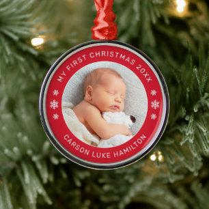 Mein erstes Weihnachts-Red-Personalisiert-Baby-Fot Ornament Aus Metall