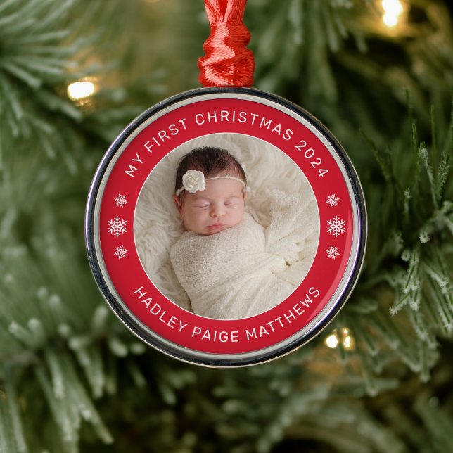 Mein erstes Weihnachts-Red-Personalisiert-Baby-Fot Ornament Aus Metall (Baum)