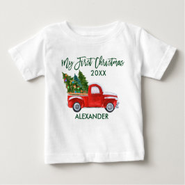 Mein erstes Weihnachts Red Truck Green Script Baby T-shirt