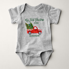 Mein erstes Weihnachts Red Truck Green Script Grau Baby Strampler