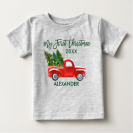 Mein erstes Weihnachts Red Truck Green Script Grau Baby T-shirt