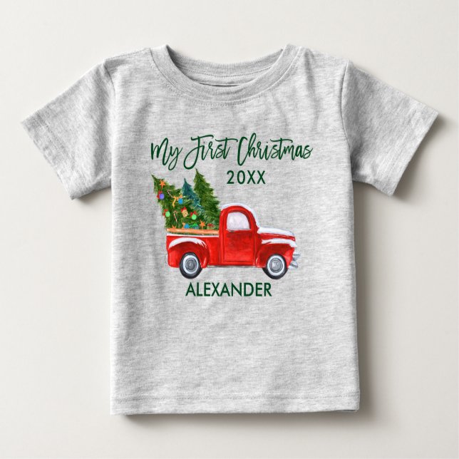 Mein erstes Weihnachts Red Truck Green Script Grau Baby T-shirt (Vorderseite)