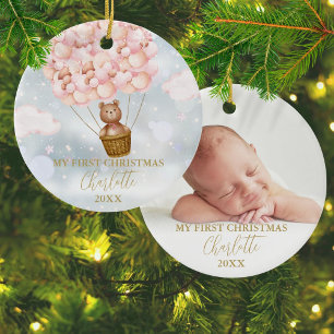 Mein erstes Weihnachts-Teddybär-Rosa-Ballons-Foto Keramik Ornament