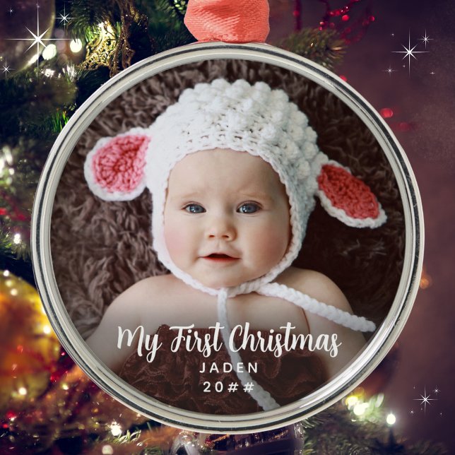 Mein erstes Weihnachts-Zeitloses Baby-Foto Ornament Aus Metall (Add a photo, name and date. Available in many types of ornaments. Merry Christmas & Congratulations!)