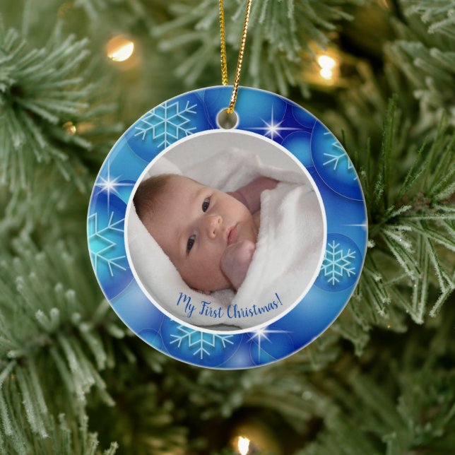 Mein erstes Weihnachtsbaby-Foto blau Keramik Ornament (Baum)