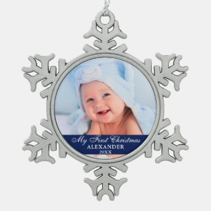 Mein erstes Weihnachtsbaby-Foto Blue Schneeflocken Zinn-Ornament