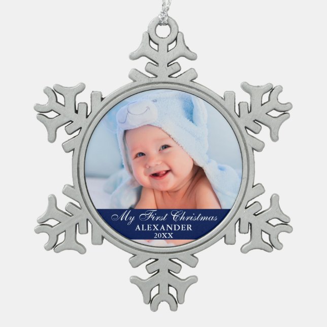 Mein erstes Weihnachtsbaby-Foto Blue Schneeflocken Zinn-Ornament (Vorderseite)