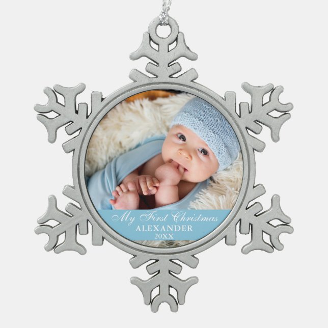 Mein erstes Weihnachtsbaby-Foto Light Blue Schneeflocken Zinn-Ornament (Vorderseite)