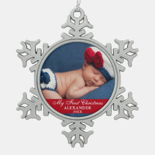 Mein erstes Weihnachtsbaby-Foto Red Schneeflocken Zinn-Ornament