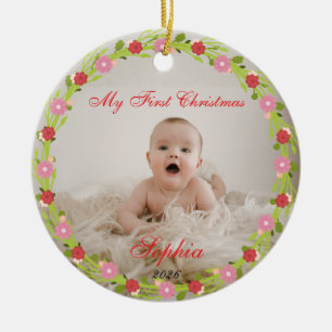 Mein erstes Weihnachtsbaby-Foto Rosa Blumenmuster  Keramik Ornament