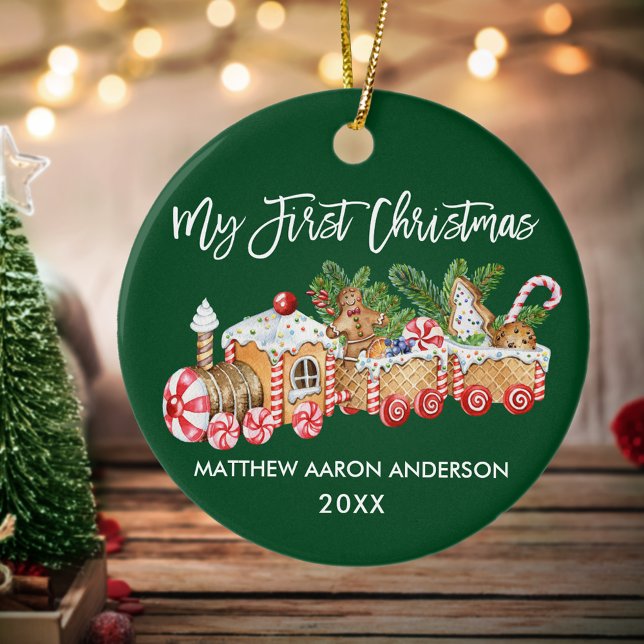 Mein erstes Weihnachtsbaby Gingerbrot Train Green Keramik Ornament (Baby's First Christmas Candy Cane Train Ornament)