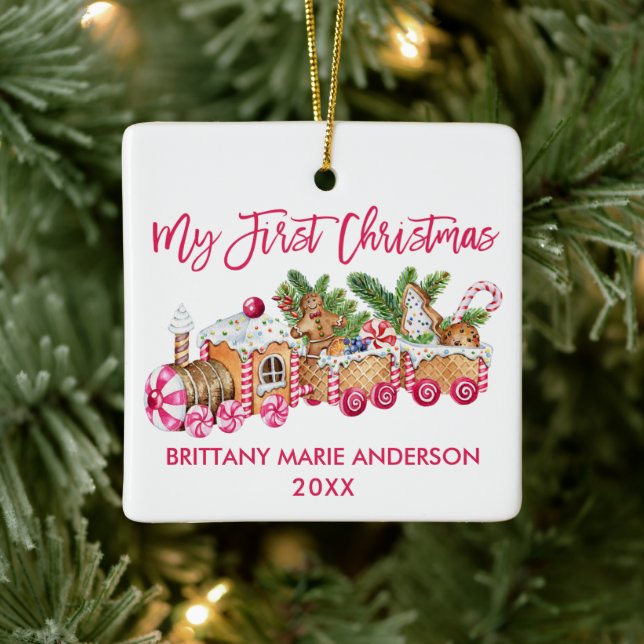 Mein erstes Weihnachtsgingerbrot Train Baby Pink Keramikornament (Baum)