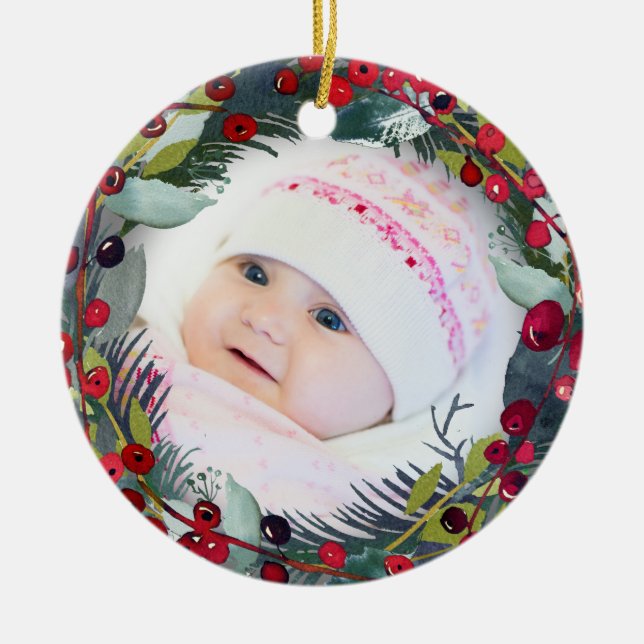 Mein erstes Weihnachtsjungbaby Foto Holly Wreath Keramik Ornament (Vorne)