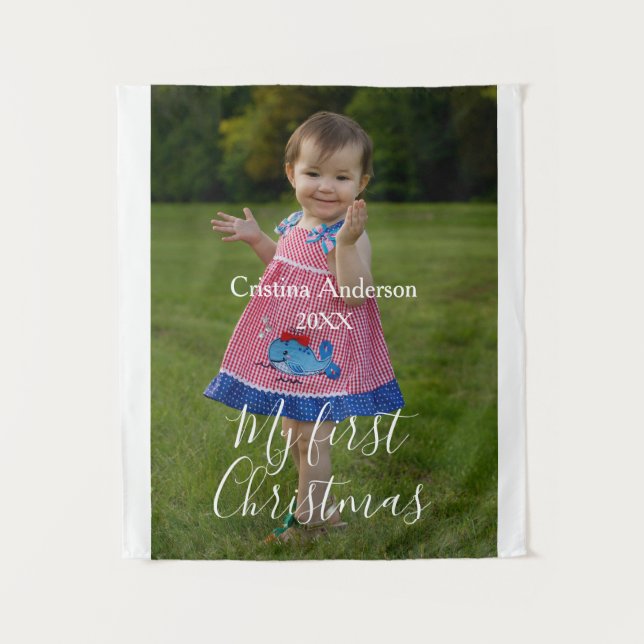 mein erstes Weihnachtsjungmädchen Foto Name Jahr s Wandteppich (Vorderseite)