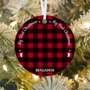Mein erstes WeihnachtsRed Buffalo Kariert Baby Fot Ornament Aus Metall