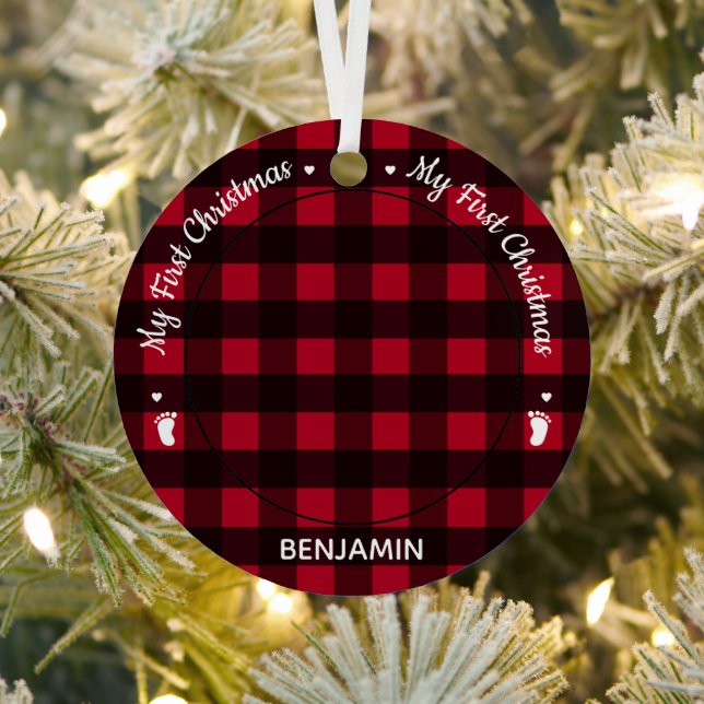 Mein erstes WeihnachtsRed Buffalo Kariert Baby Fot Ornament Aus Metall (InSitu)