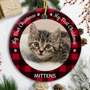 Mein erstes Weihnachtsrot Kariert Chat Kitten Pet  Keramik Ornament