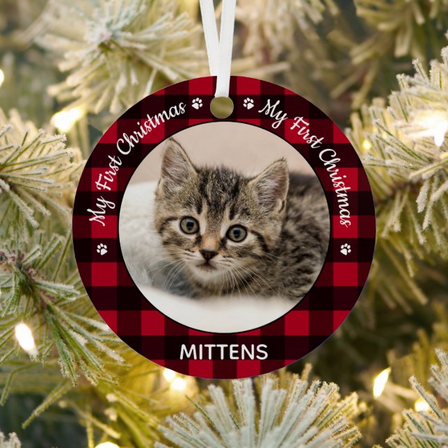 Mein erstes Weihnachtsrot Kariert Chat Kitten Pet  Ornament Aus Metall (Insitu)