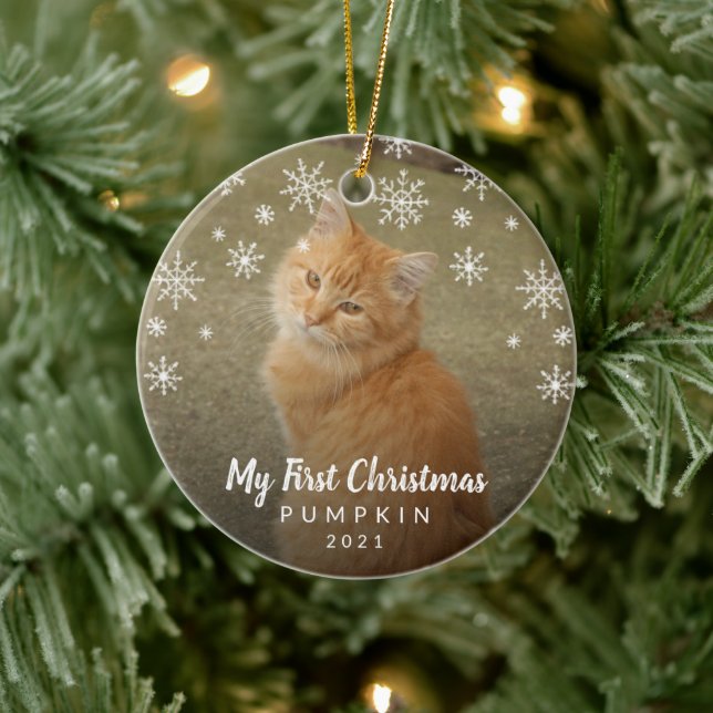 Mein erstes Weihnachtsschneeflocken Cat Foto Keramik Ornament (Baum)