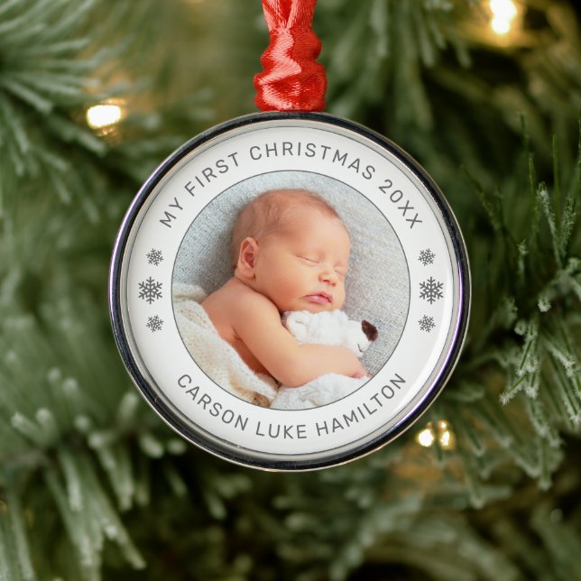Mein erstes White Personalisiert Baby Foto zu Weih Ornament Aus Metall (Baum)